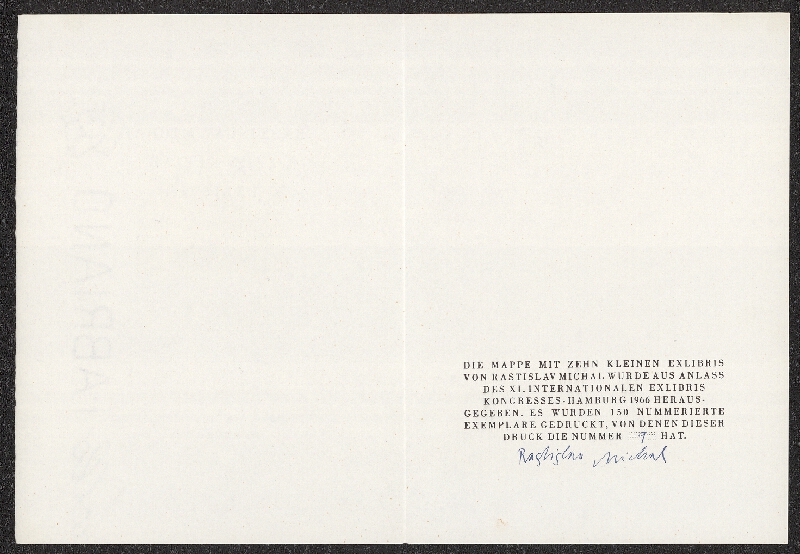 Rastislav Michal – Zehn kleine Exlibris. Die Mappe mit zehn Exlibris von Rastislav Michal wurde aus anlass des XI. intenationalen Exlibris Kongresses - Hamburg 