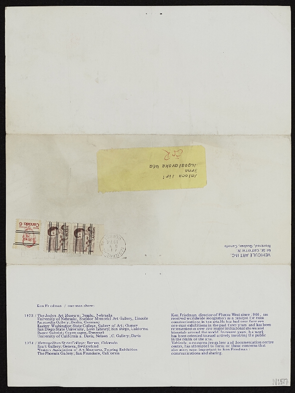 Ken Friedman – Pozvánka na výstavu Kena Friedmana ve Vehicule Art, Montreal, Quebec, Kanada od 28.7. do 16.8.1974 