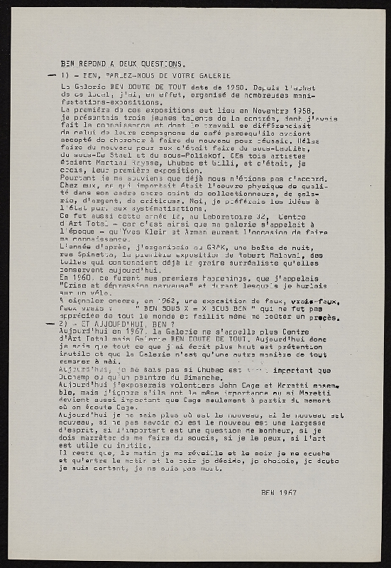 Ben Vautier – Galerie Ben Doute de Tout Presente 