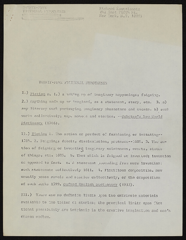 Richard Kostelanetz – Twenty-five Fictional Hypotheses 