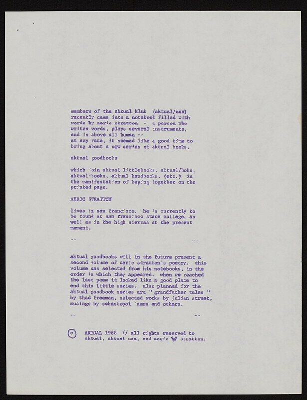 Ken Friedman – One page and nine poems by Aeric V. Stratton 