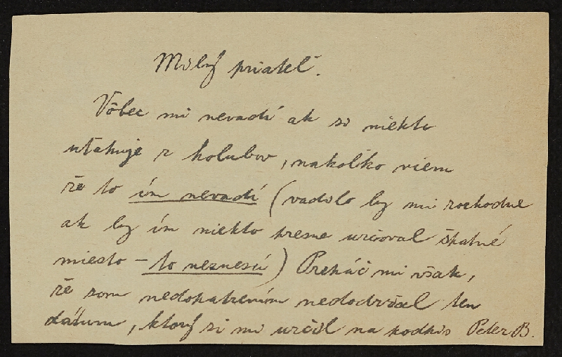 Peter Bartoš – Holuby: ručně psaný dopis, inzerát na dodání andulek 