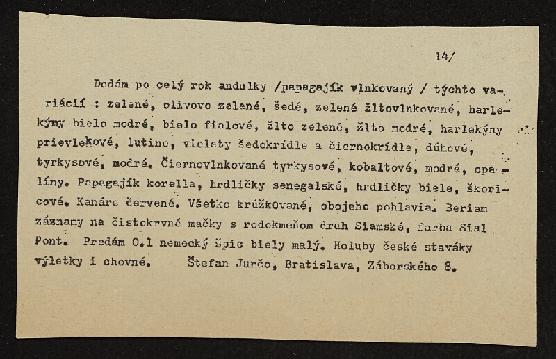 Peter Bartoš – Holuby: ručně psaný dopis, inzerát na dodání andulek 