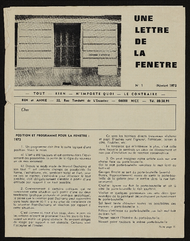 Benjamin Vautier – Une Lettre de la Fentre N 1 
