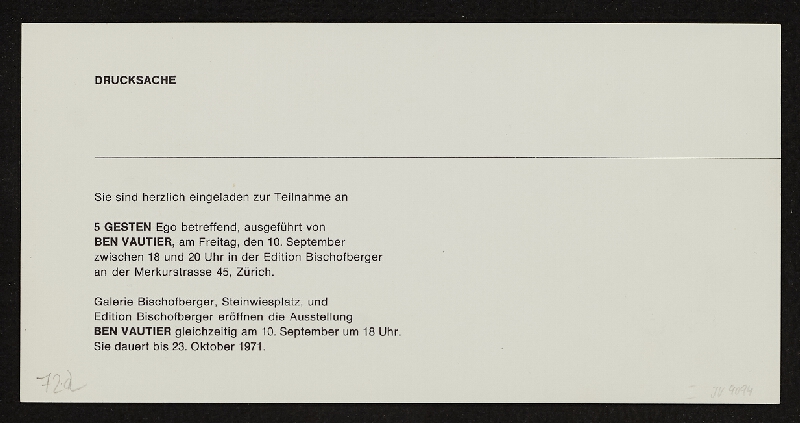 Benjamin Vautier – pozvánka na výstavu Bene Vautiera do Galerie Bischofberger 