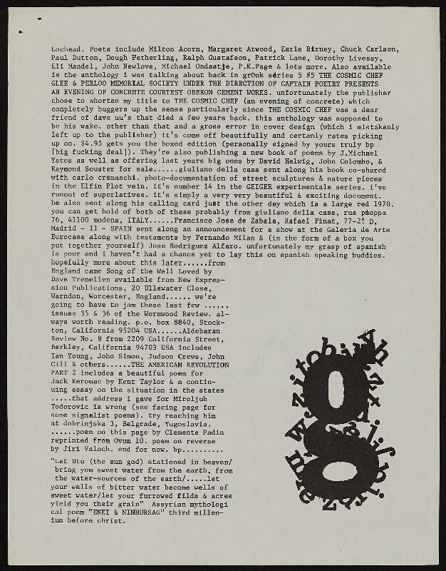 Barrie Phillip Nichol – Late October grOnk Mailout, News Note Sheets, grOnk, Ganglia Press Toronto Kanada 