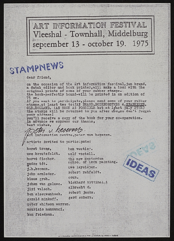 Peter van Beveren – Art Information Festival, Vleeshal - Townhall, Middelburg, september 13 - october 19. 1975, Art Information Centre 