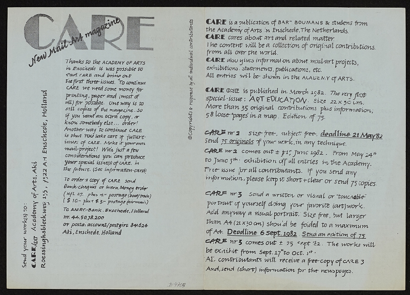 Bart Boumans – Care One, new mail art magazine 