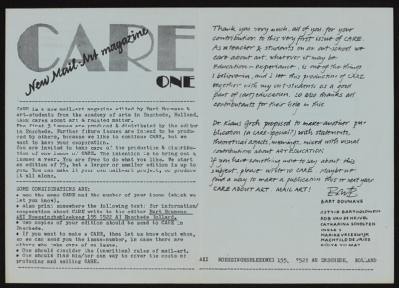 Bart Boumans – Care One, new mail art magazine 