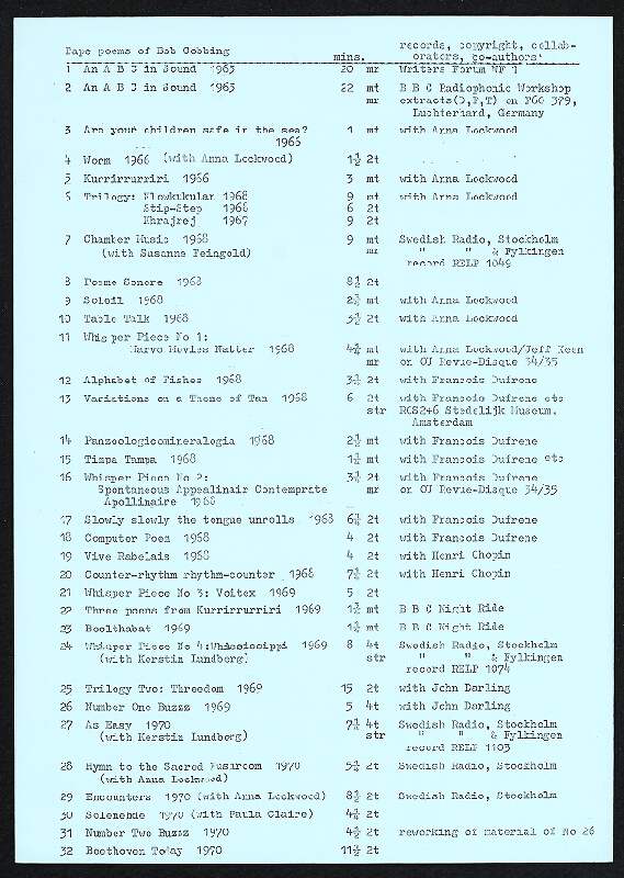 Bob Cobbing – Tape poems of Bob Cobbing 