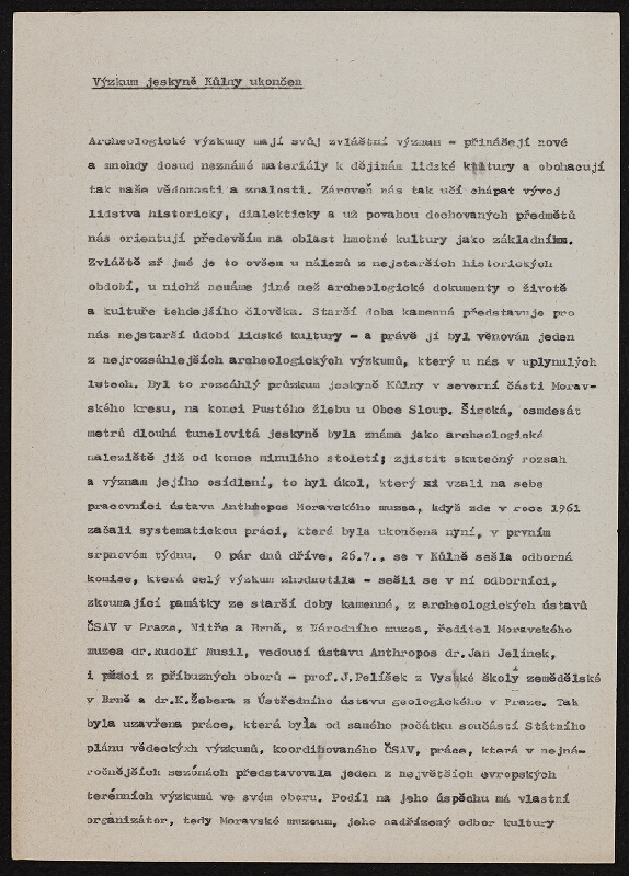 Jiří Valoch – Výzkum jeskyně Kůlny ukončen 
